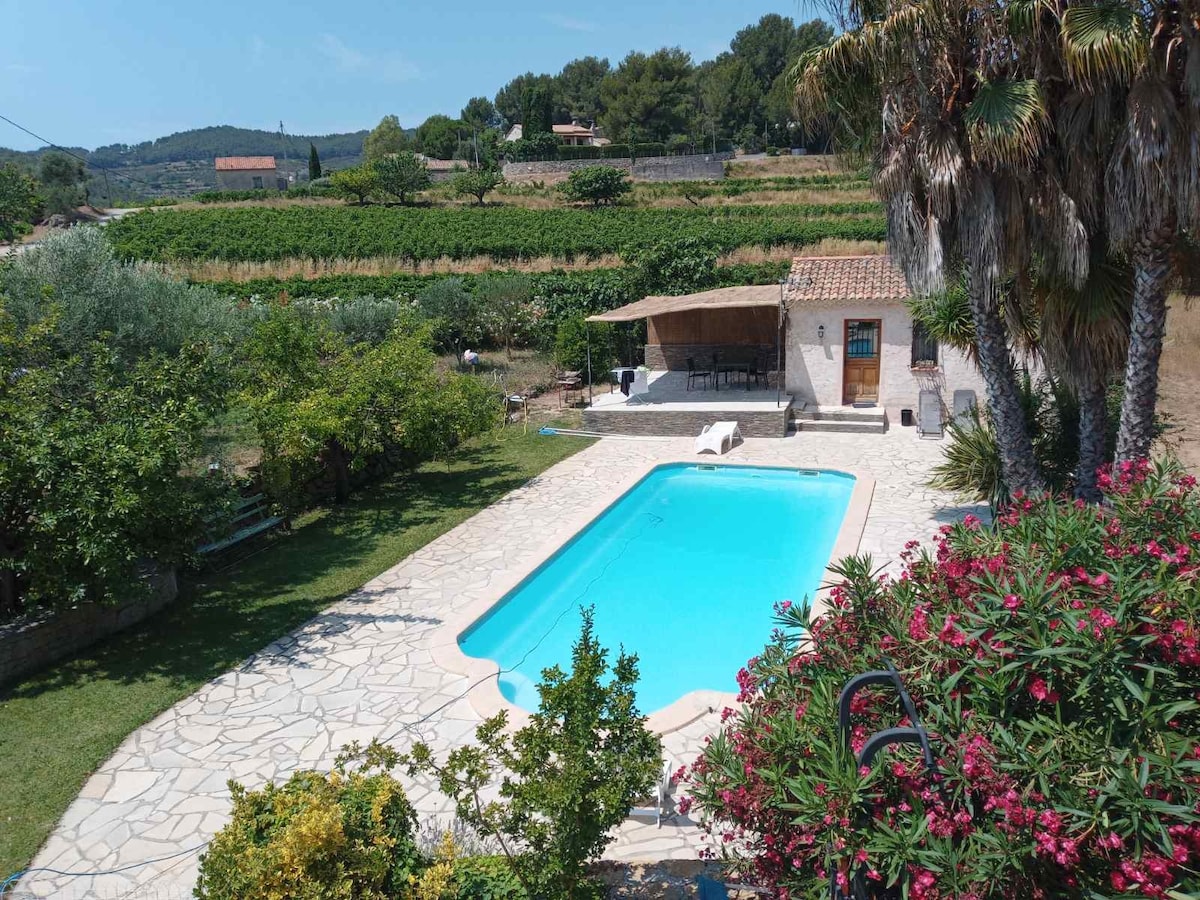 A serene outdoor area is showcased with a clear swimming pool surrounded by a stone patio. Lush greenery and flowering plants frame the space. A shaded seating area is visible beside the pool, with a rustic building set in the background against a hillside view.