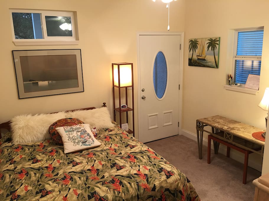 Private entrance into your guest suite with wall to wall carpeting in the bedroom.