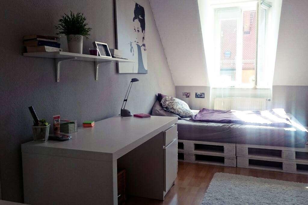 Euer Zimmer mit selbstgebautem Palettenbett, TV, DVD, Schreibtisch und Kleiderschrank