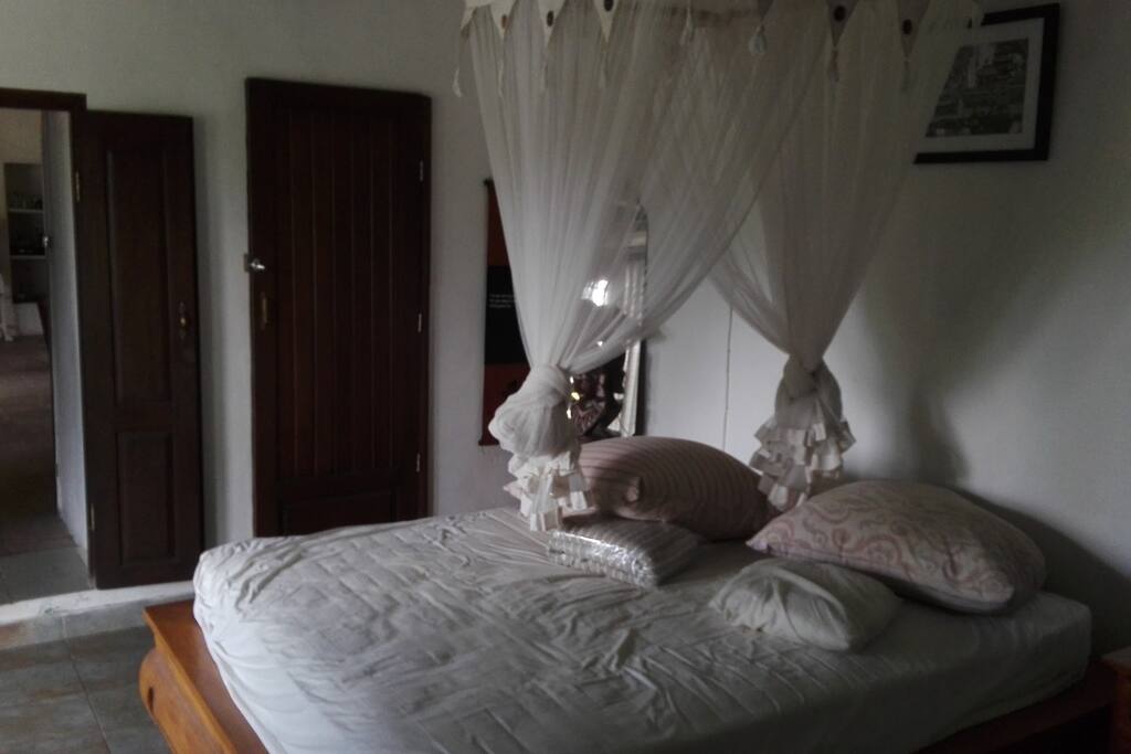 Spare bedroom with shower room and toilet. Mosquito net and fan.