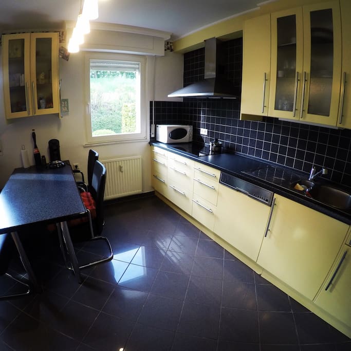 Full equiped Kitchen: Induction Cookingplate, Microwave, Oven, Coffeemachine, Paninimachine & all sort of Kitchentools. Simple Breakfast included (Coffee, Tea, Milk, Müsli, CornFlakes, Croissants..)