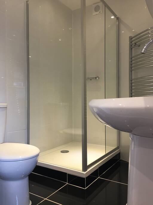 Shower enclosure, basin, toilet