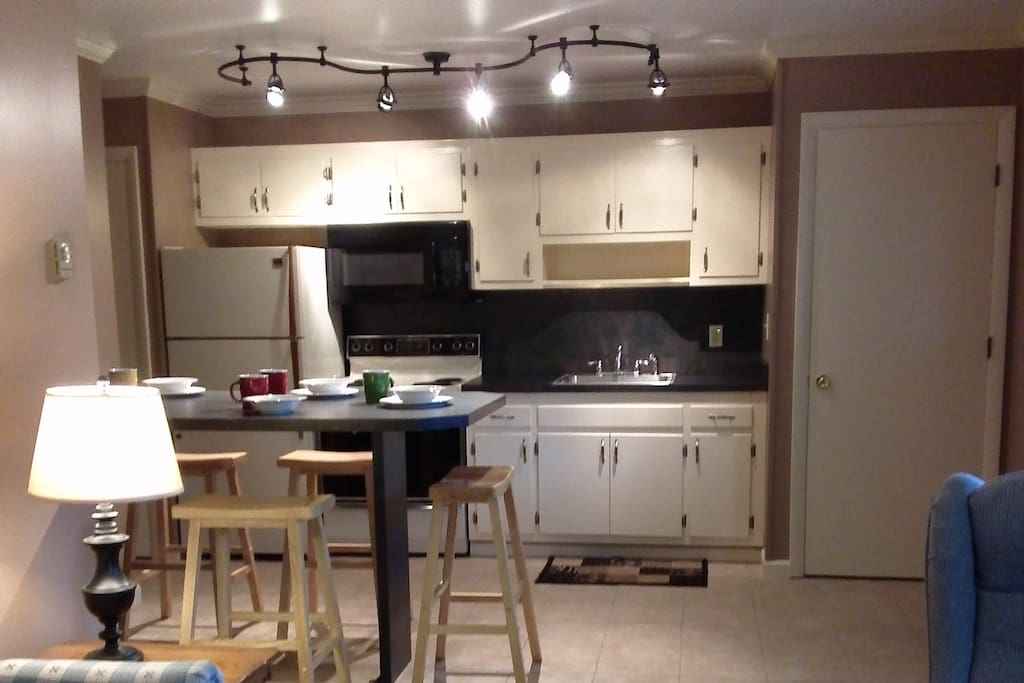 Looking at the kitchen from the living room.
