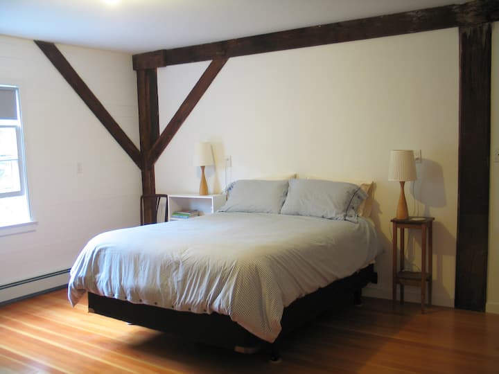 クイーンサイズのベッド、ウォークインクローゼット、ドレッサー、スイートバスを備えたマスターベッドルーム。