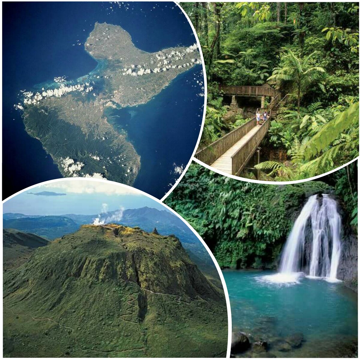 An aerial view captures the island's diverse landscapes, showcasing lush green forests and mountainous terrain. A walking trail is visible through the dense vegetation, while a waterfall cascades into a turquoise pool, highlighting the natural beauty surrounding the area.