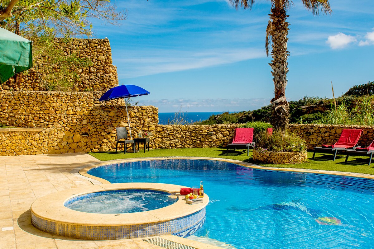 The villa's kidney-shaped pool is surrounded by well-maintained grounds, featuring a Jacuzzi area and lounge chairs under a vibrant blue umbrella. A stunning view of the sea is visible in the background, complemented by a natural stone wall and palm trees.