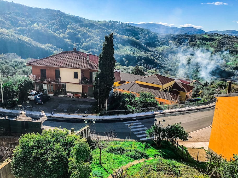 Vista della terrazza - giardino e la strada di fronte