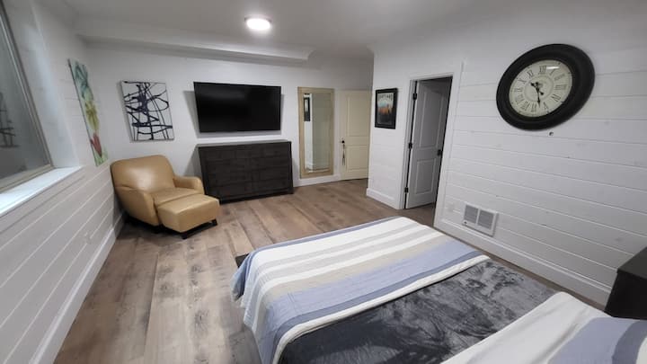 Newly added large bedroom in the lower level with huge closet and new 65" t.v.