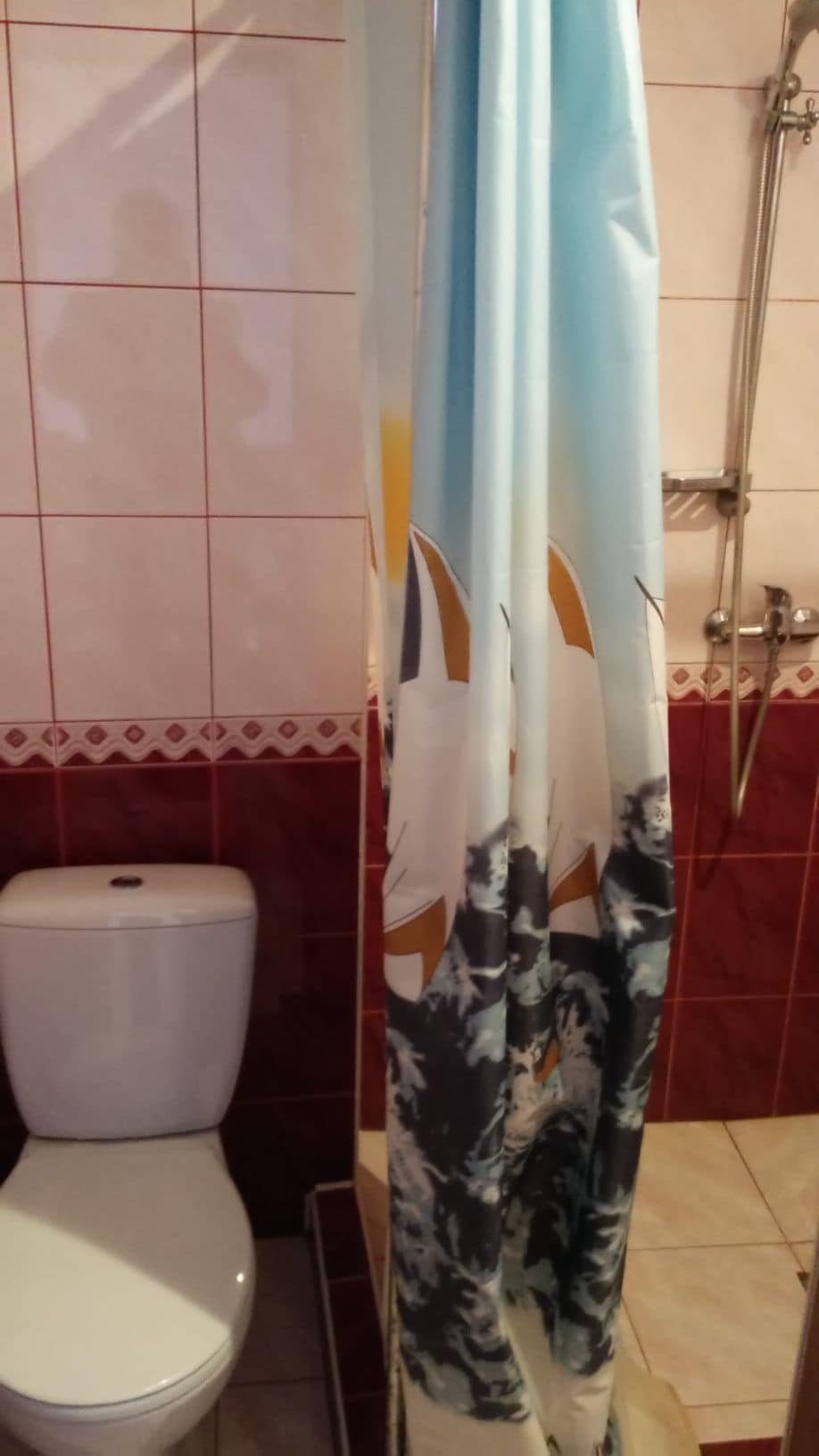 A bathroom space is depicted, featuring a white toilet and a shower area with a colorful curtain displaying a nature motif. The tiled walls are accented with a mix of light and dark tiles, and a showerhead is visible above the bathtub.