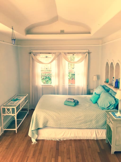 Arabesque arched ceiling in the bed cove. The room is more than double this size