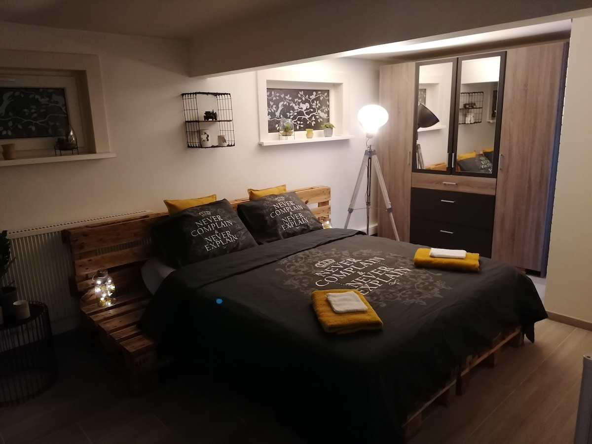 A cozy sleeping area is featured with a wooden pallet bed adorned with dark bedding. Accent pillows add a touch of style. Soft lighting is provided by a standing lamp, while shelves display decorative plants. A wardrobe and a small nightstand are also visible.