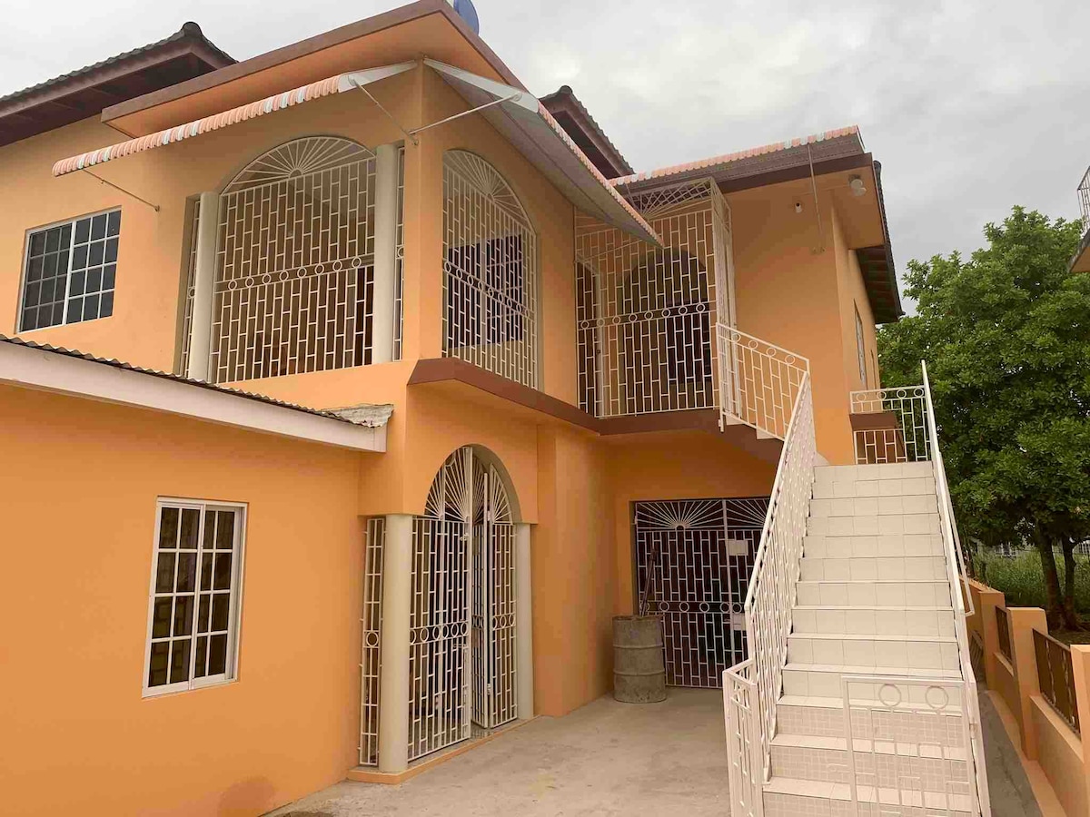The exterior of a two-story villa is presented, featuring a warm orange wall and decorative ironwork. A flight of white stairs leads to a covered entrance, while large windows provide ample light. Lush greenery is visible in the background, enhancing the open setting.