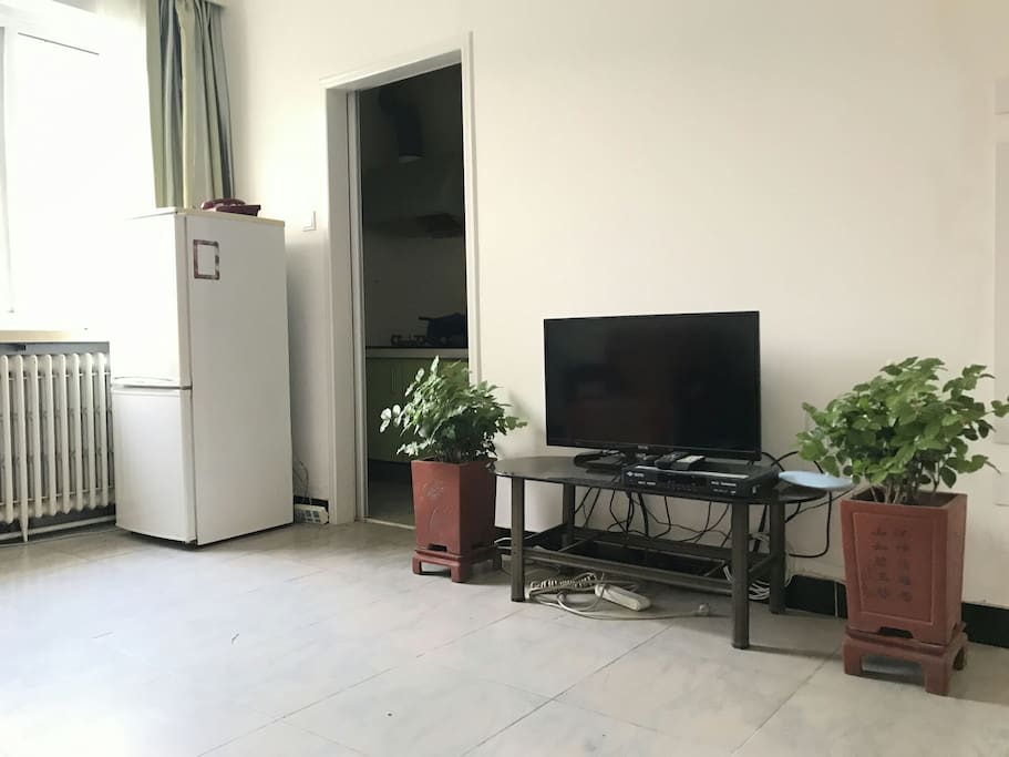 客厅有冰箱以及电视