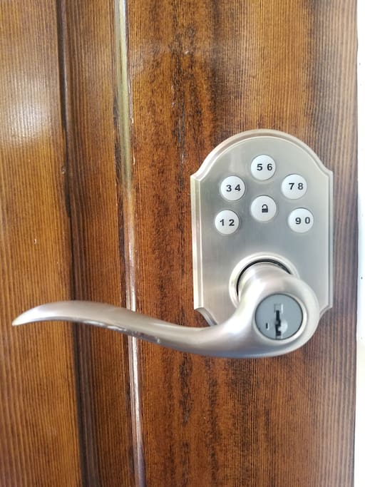 This is keypad to enter. Enter code and door will unlock. Press the lock button to lock.
