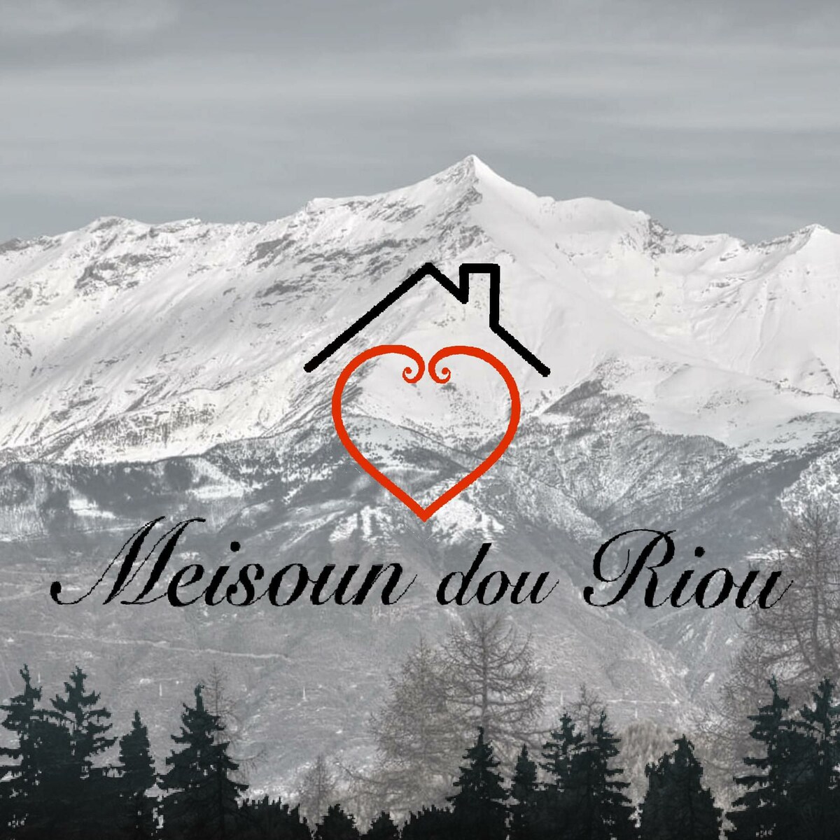 The image features a mountainous landscape, showcasing towering snow-capped peaks under a clear sky. A foreground of dark green trees creates a contrast against the white of the mountains, while the logo 'Meisoun dou Riou' is centrally positioned, symbolizing warmth and hospitality.