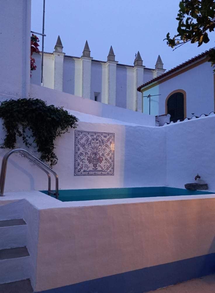 A soothing plunge pool is set within a walled area, featuring smooth white walls and a decorative tile mural. Steps lead down from a small platform to the tranquil water, with soft illumination adding a calming ambiance.