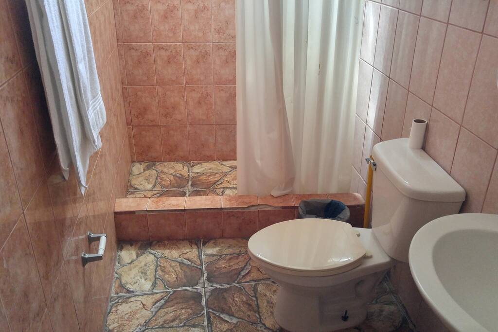 esta foto muestra el baño, con inodoro, lavamanos, toallas, papel higienico, jabon, ducha con agua caliente. tiene su espejo y repisa para poner productos cosmeticos.