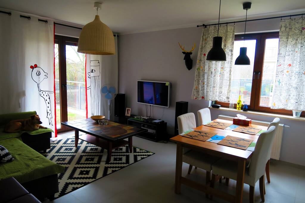 Salon z wyjściem na taras.