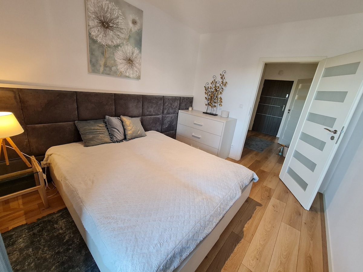 A spacious sleeping area features a large bed with a light quilt and decorative pillows. A modern dresser stands against the wall, and a bedside lamp provides soft lighting. The room has pale walls and wooden flooring, enhancing its bright and open feel.
