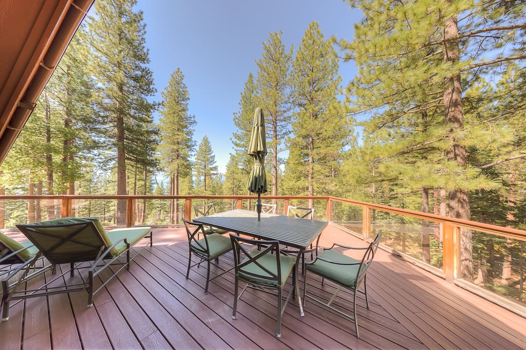 Upper Deck with eating area, gas grill, two patio heaters for those chilly Tahoe nights, and a comfortable seating area with built in gas firepit.