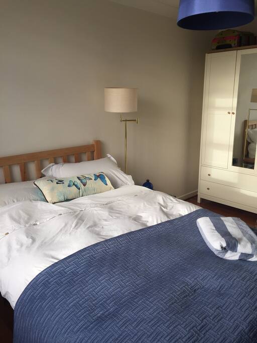 Large and bright bedroom with hanging and shelf space.