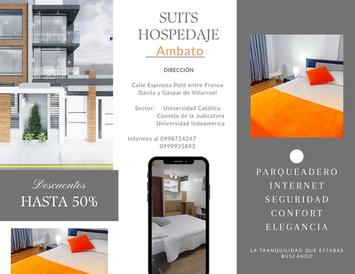 A modern suite features a spacious bed with a bright orange accent blanket. The overall design includes ample natural light, and essential amenities such as a desk area can be seen. Information about discounts and local attractions is displayed prominently.