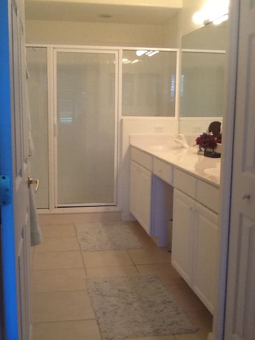 Master bath with walk in closet and his and hers sink