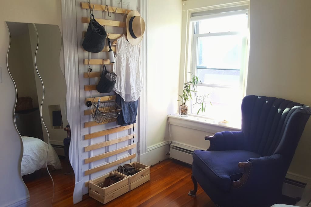 This exposed weekender closet rack is perfect for setting out your clothes for the next day, or hanging coats or cameras and small bags. (We use the closet for bedding storage). We'll also always have emergency toiletries here for you to use, just in case you forget something!! (see next picture)