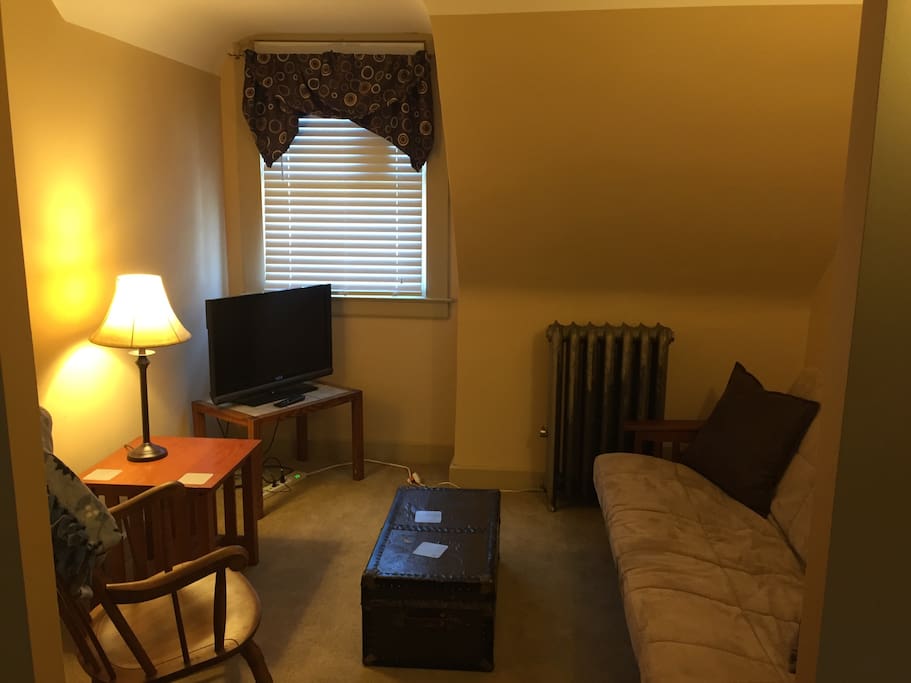 Cozy furnished den with TV and futon.