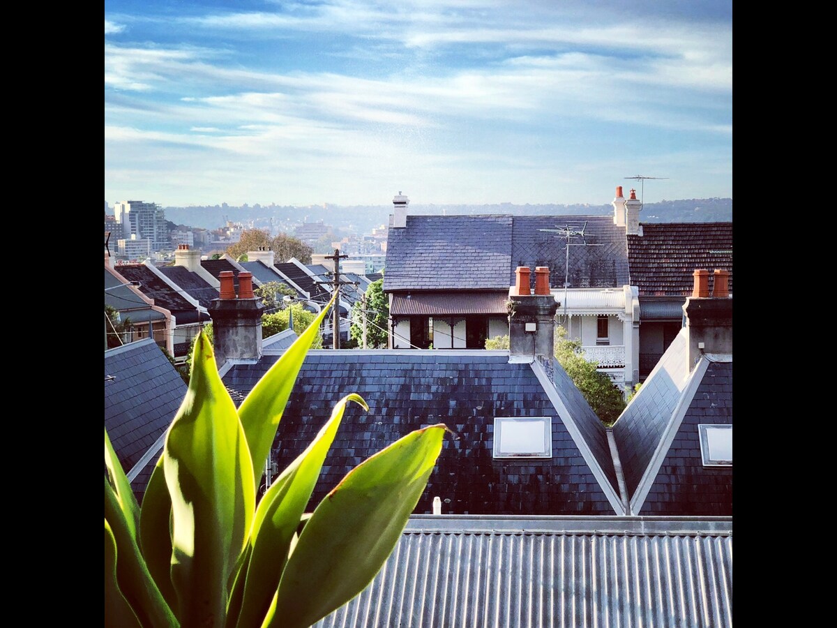 A view from the patio captures the charming Paddington rooftops, showcasing a mix of slate and tiled roofs. To the forefront, a green plant adds a touch of nature, while the skyline beyond hints at a vibrant urban atmosphere.