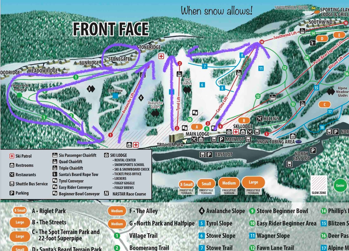 A detailed ski map is presented, highlighting the layout of the slopes, trails, and lifts. Key locations are marked, including the beginner, intermediate, and expert slopes. Symbols indicate amenities and services available, offering a clear guide for navigating the skiing area.