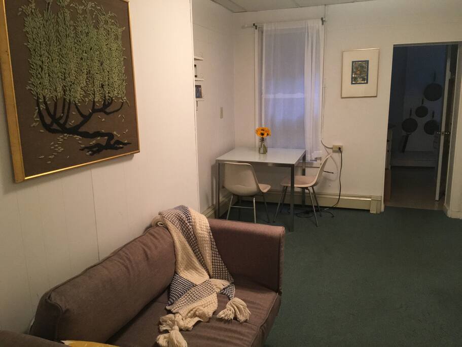 Cozy living room (sofa is a futon!) + dining table