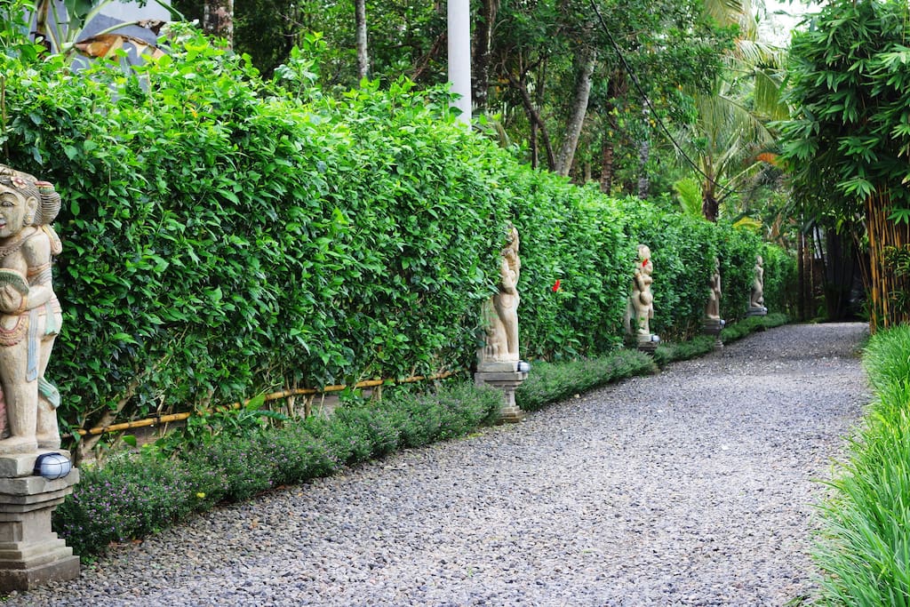 Sculpture lined driveway to you paradise