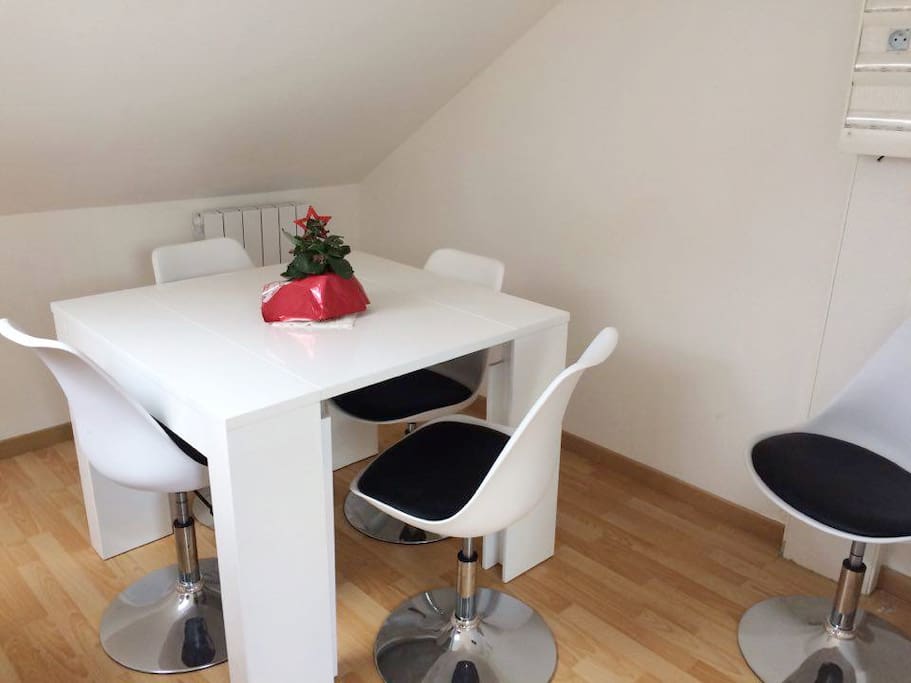 Salon/cuisine/table à manger dans une même pièce de 27 m2 sous pente.