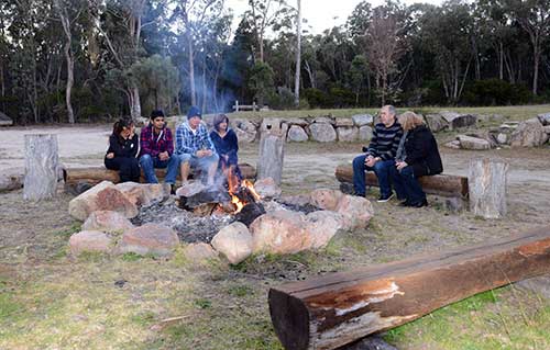 A group of six individuals is gathered around a softly glowing campfire, seated on natural log benches. Smooth rocks encircle the fire, while tall trees and lush greenery provide a serene backdrop, enhancing the sense of connection with nature.