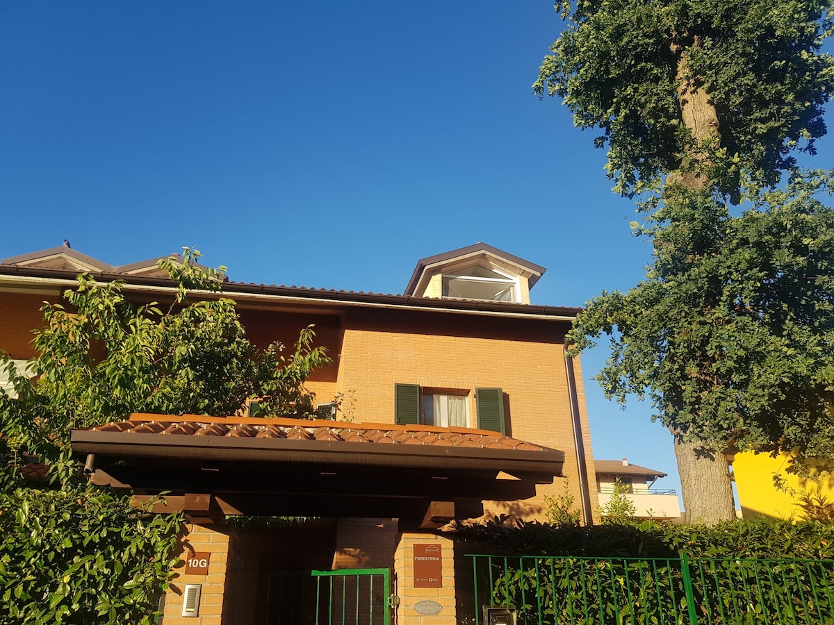 A multi-story orange brick building is framed by lush greenery and a tall tree, with a covered entrance visible at the front. The clear blue sky reflects above the structure, which features green shutters on the upper floor windows.