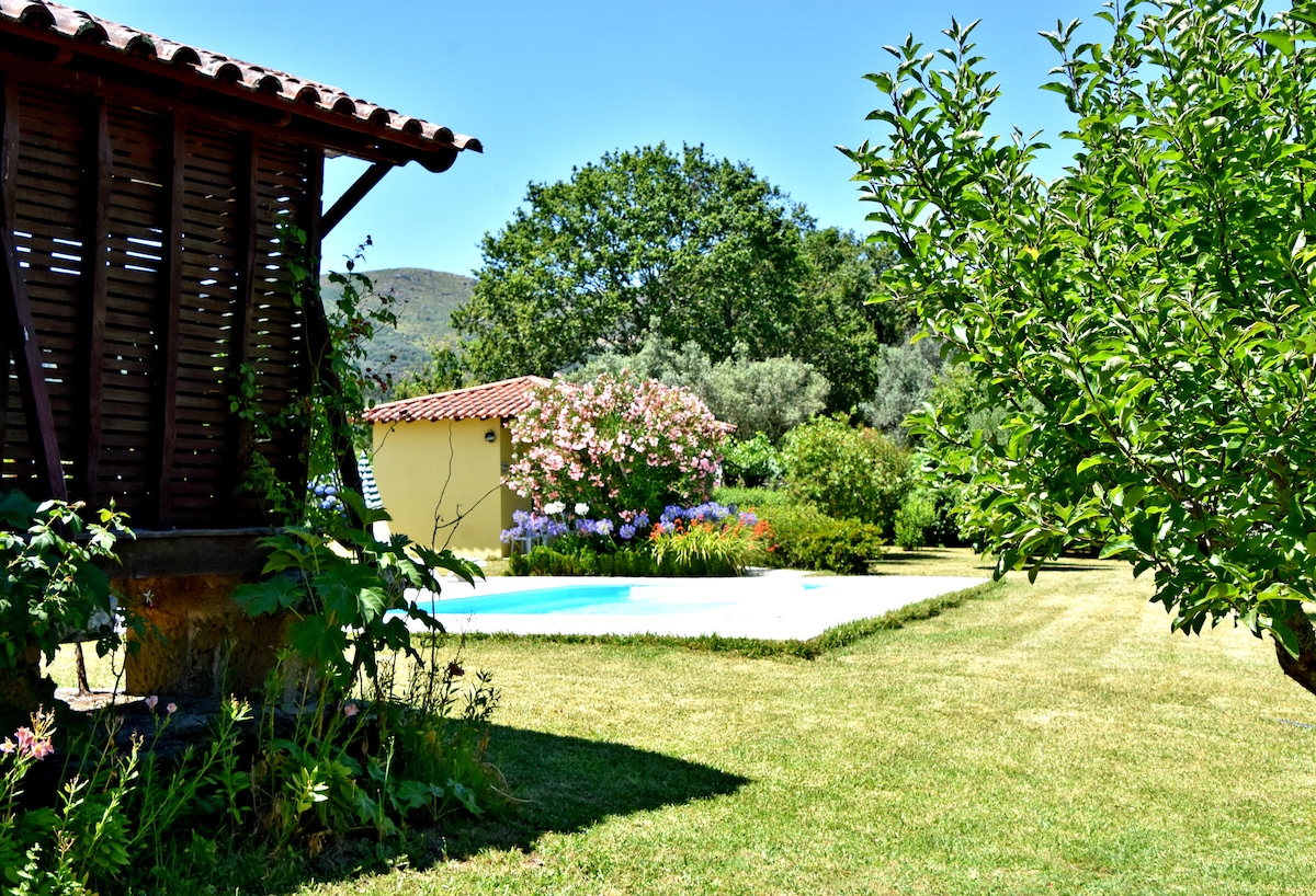 A serene garden setting features a refreshing pool surrounded by well-maintained grass and vibrant flowers. A wooden structure adds charm, and a lush tree provides shade, creating a tranquil space for relaxation in nature.