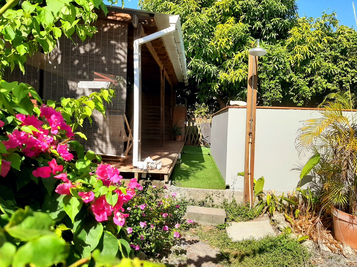 A charming view of the exterior garden showcases vibrant bougainvillea flowers in shades of pink and purple. The wooden bungalow features a covered terrace and is surrounded by lush greenery. A pathway leads to the entrance, providing a welcoming atmosphere.