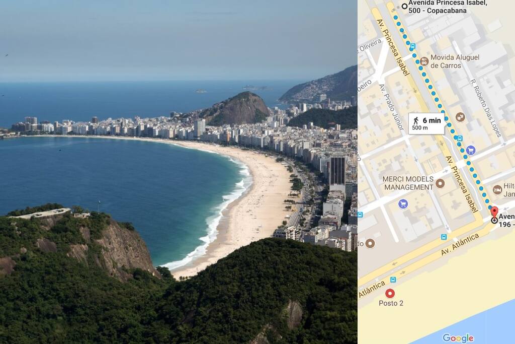 Vista da praia de Copacabana. Ao lado o mapa com a distância do Apart Hotel