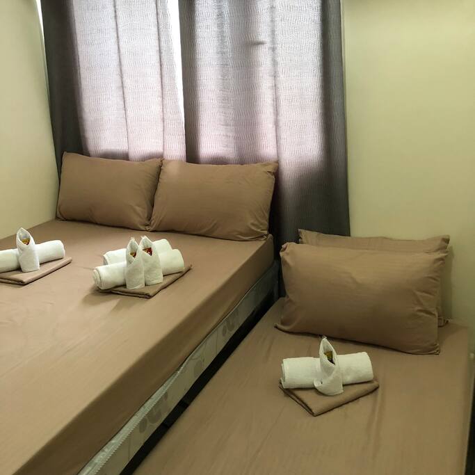 Bedroom with Queen size Bed and single pullout.