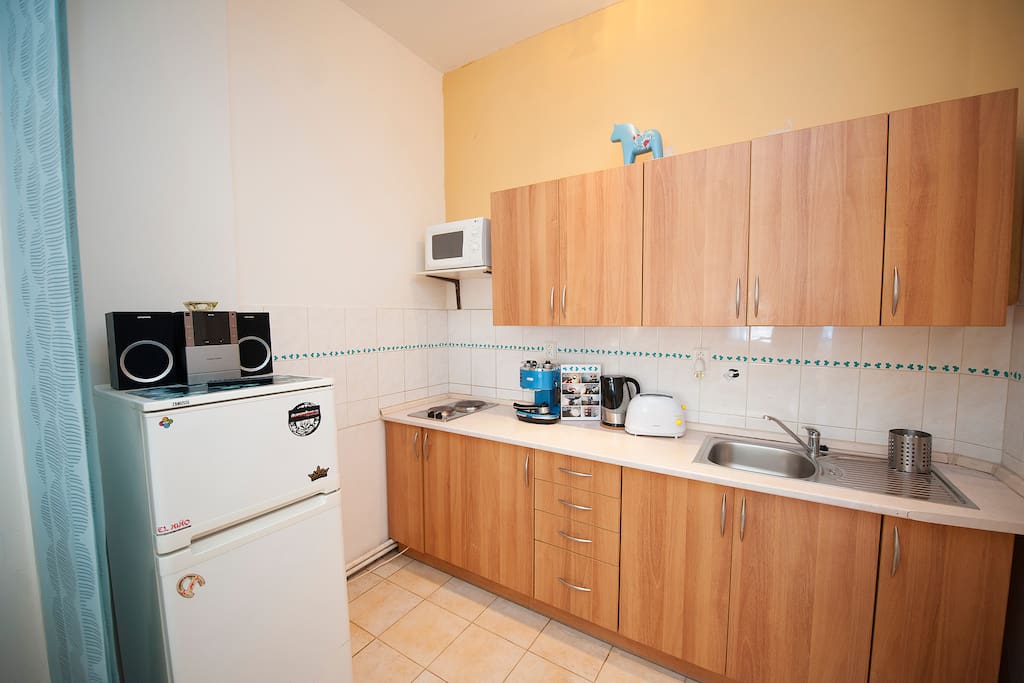 In the kitchen is microwave, fridge&freezer, coffee machine Delonghi, touster, kettle, two rings hob and fully equiped kitchen. if you want cook, supermarket is just behind the corner