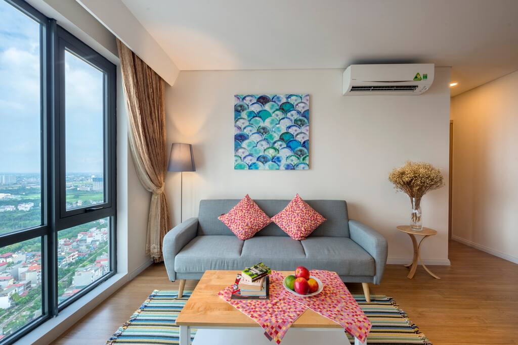Living room, comfy couch with spectacular view of the river