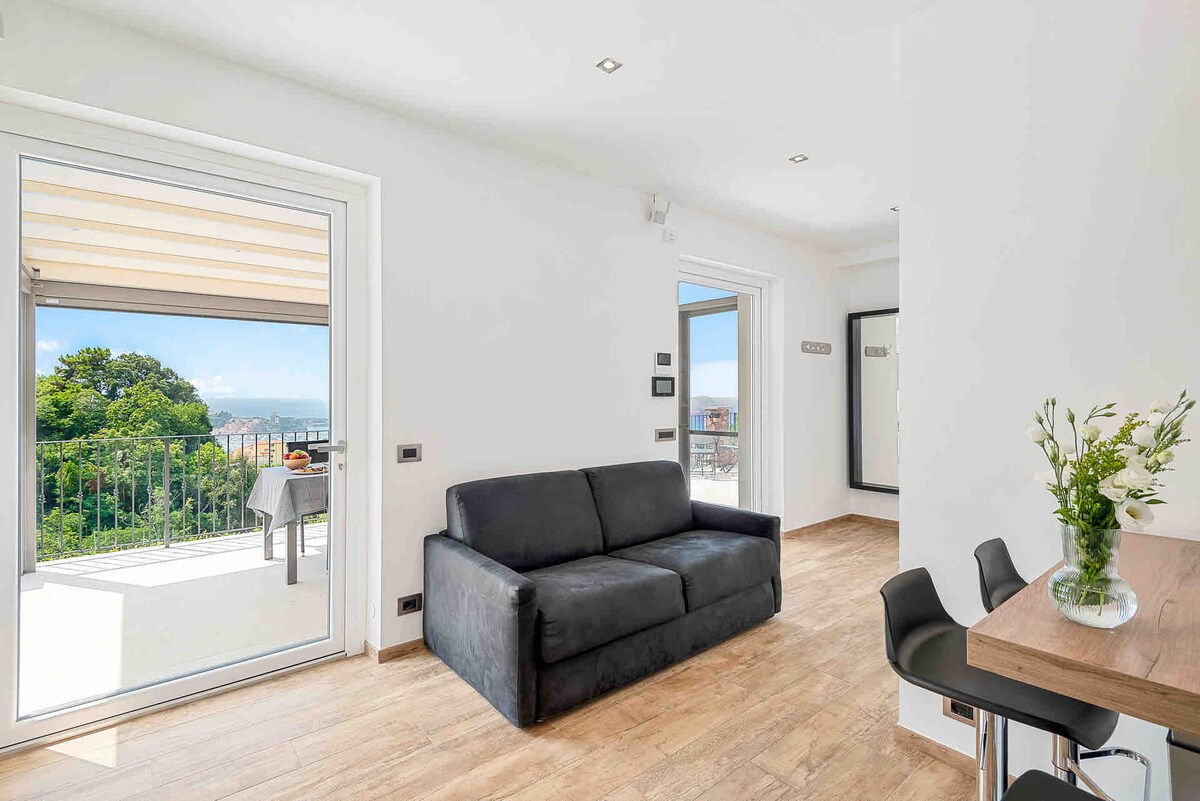 ספה נפתחת וסלון, עם דלת צרפתית עם גישה ישירה למרפסת החיצונית.