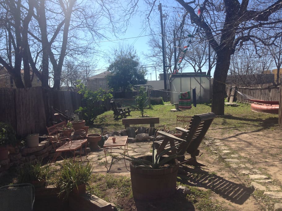 Very large backyard, BBQ, fire pit, hammock, plenty of outdoor seating, privacy.