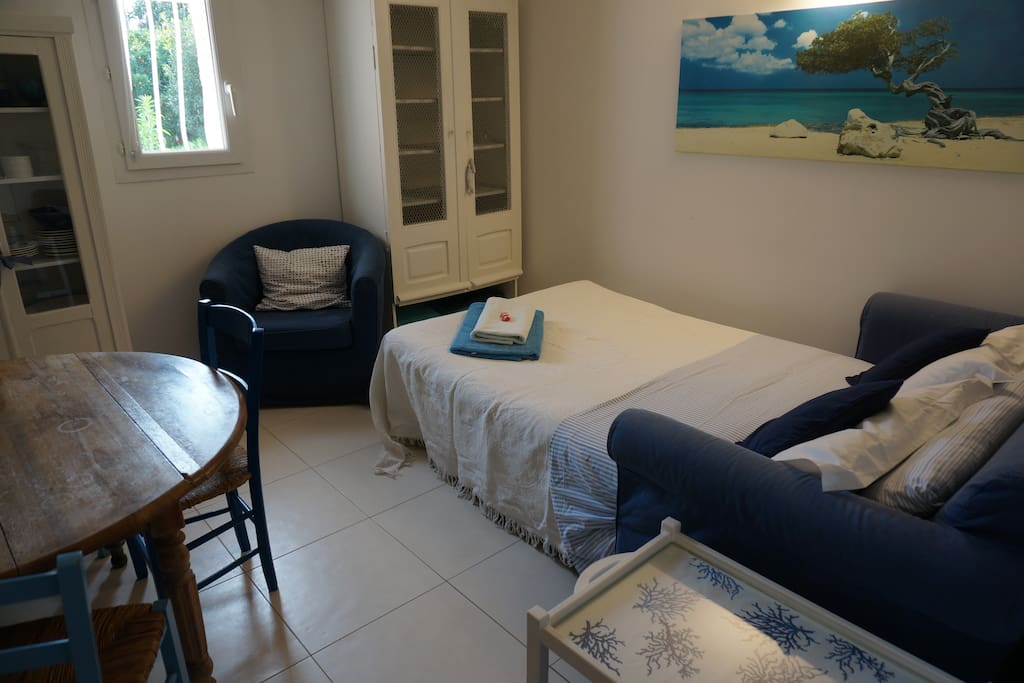 Living avec canapé lit 2 places, TV écran plat et WIFI