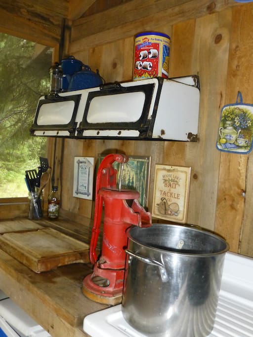 Your own screened camp kitchen with antique functional hand pump for water, a propane stove, and lots of cookware.