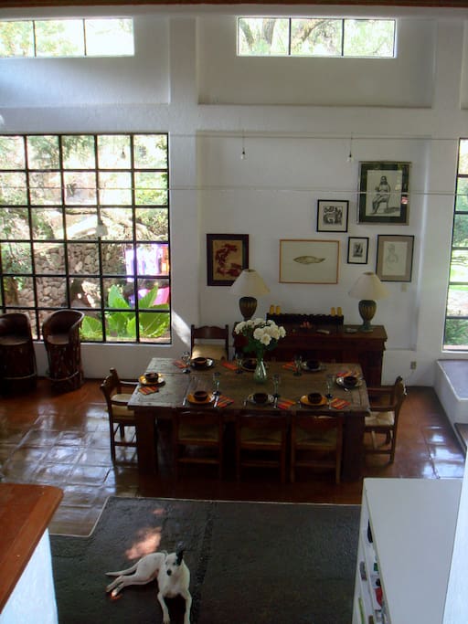 Looking down from upstairs to the dining area
