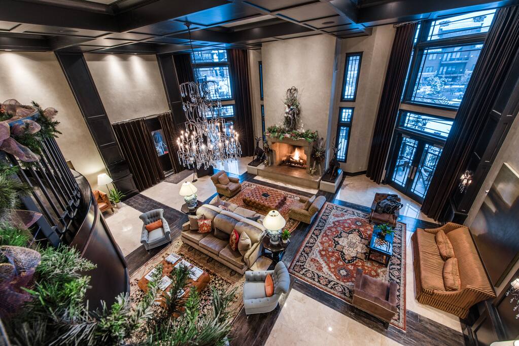 The amazingly luxurious and cozy lobby area. Come sit by the fire with a hot cup of coco.