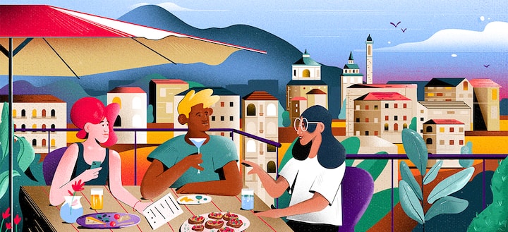 illustration of people on a patio drinking and eating