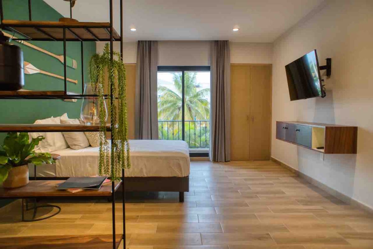 A contemporary studio features a spacious bed against a green accent wall. Large windows allow natural light, framed by light grey curtains, with a view of palm trees outside. A television is mounted on the wall, and a wooden shelf holds decorative plants.